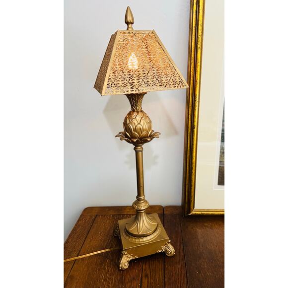 Rare Mid-Century Hollywood Regency Pineapple Lamp Filigree Shade 2-Way Light - Picture 1 of 10